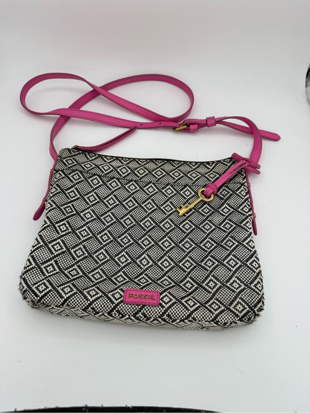 Fossil - women’s Jenna printed Geometric crossbody bag fuchsia strap purse